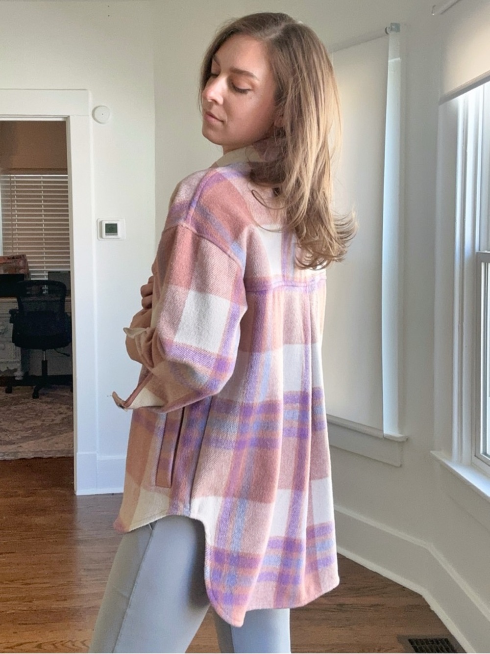 SO Oversized Plaid Shacket XSmall Soft Pink Button-Up Jacket